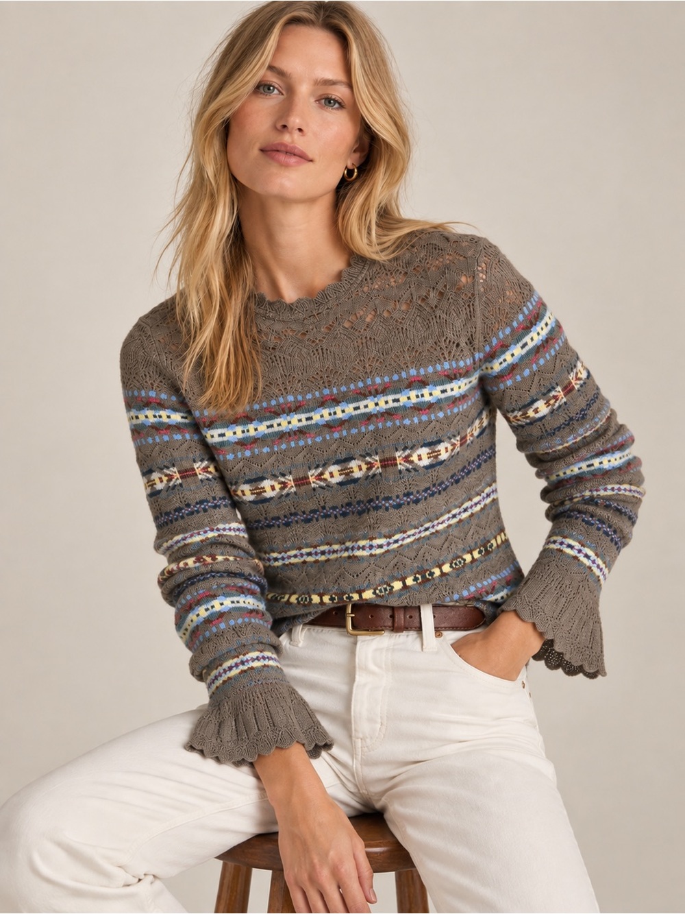 Polo Ralph Lauren Taupe Fair Isle Wool Cashmere Crochet Knit Sweater Preppy